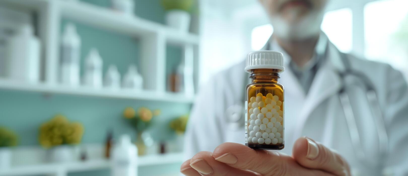 Blog 19 doctor homeopath with homeopathy medicine bottle hand displaying homeopathic globules concept of homeopathy alternative medicine organic apothecary naturopathy banner copy space photo
